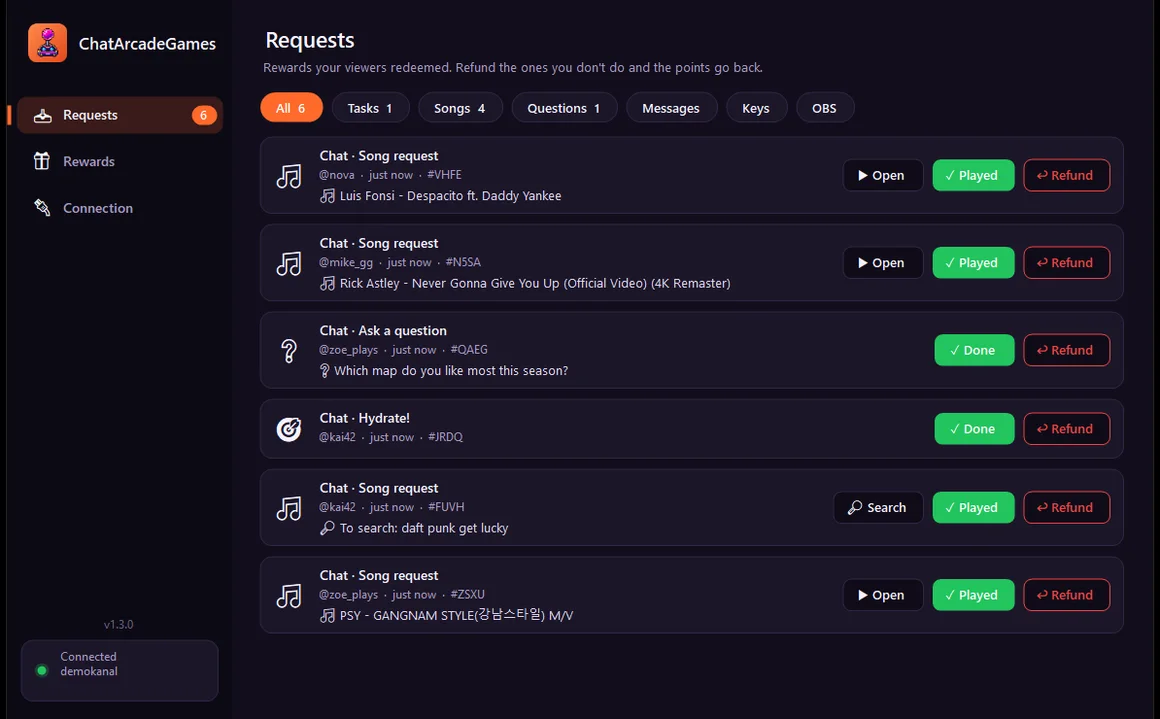 The ChatArcadeGames requests screen: song requests with Open, Played and Refund buttons